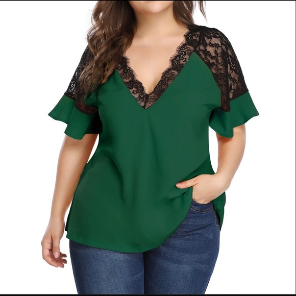 Shein Curve V-Neck Blouse with lace - Picture 1 of 3
